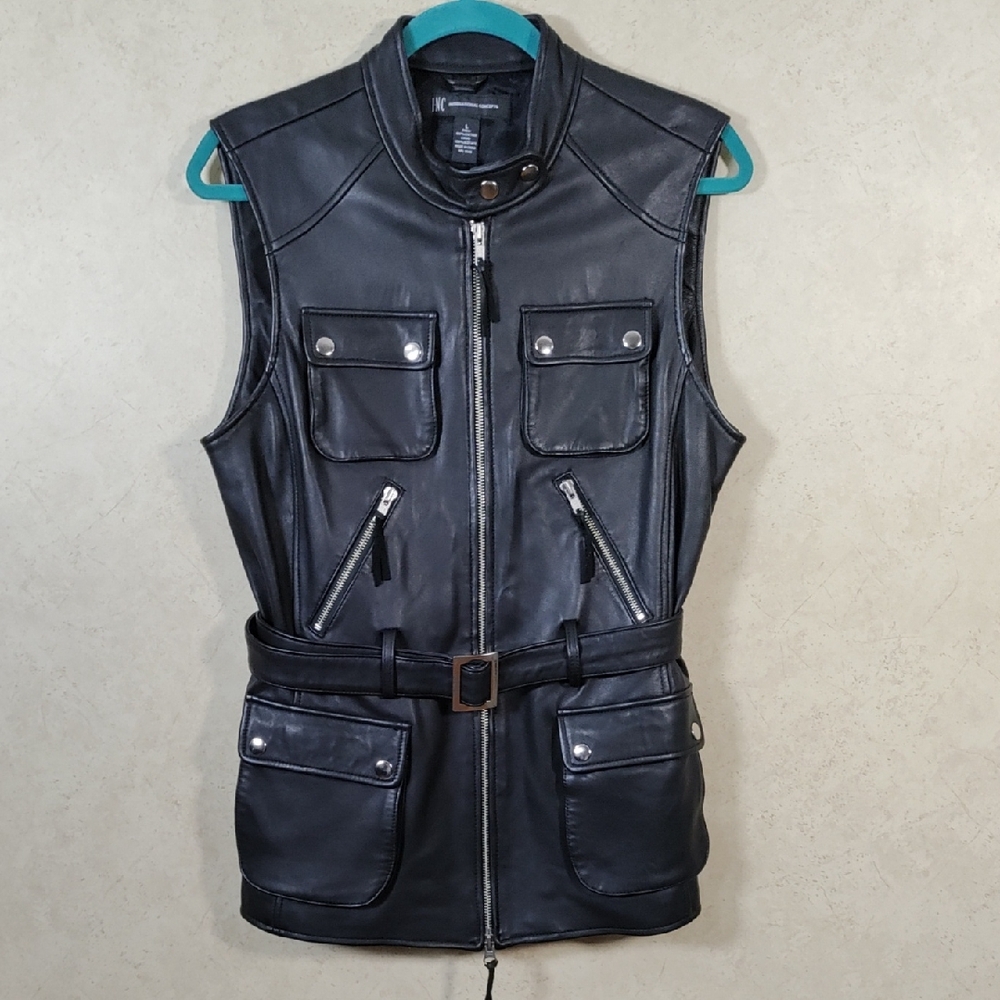 INC International Concepts Black Leather Belted Vest